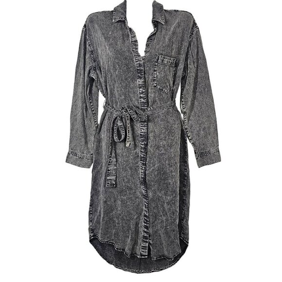 Rails Ames Black Acid Wash Shirt Dress Long Sleeve‎ Knee Length Tie Linen XS - Picture 3 of 16